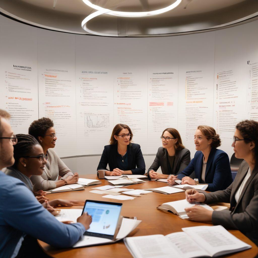 A diverse group of people engaging in a lively discussion at a round table, surrounded by books, laptops, and analysis charts. Expressions of curiosity and enthusiasm reflect the power of dialogue and thought leadership. A soft light illuminates the scene, creating an inviting atmosphere that encourages collaboration. The background features inspirational quotes and thought-provoking imagery related to analysis and reviews. vibrant colors. super-realistic.