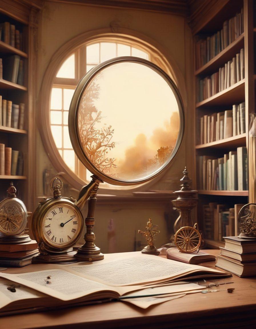 A whimsical exploration of a magnifying glass focusing on tiny details of everyday objects, like an intricate watch, a spilt ink, and a crumpled paper. In the background, hint at a library filled with books on reviews and insights, with soft warm tones. Create an inviting atmosphere that encourages curiosity and analysis. surrealism. warm colors. slightly blurred background.